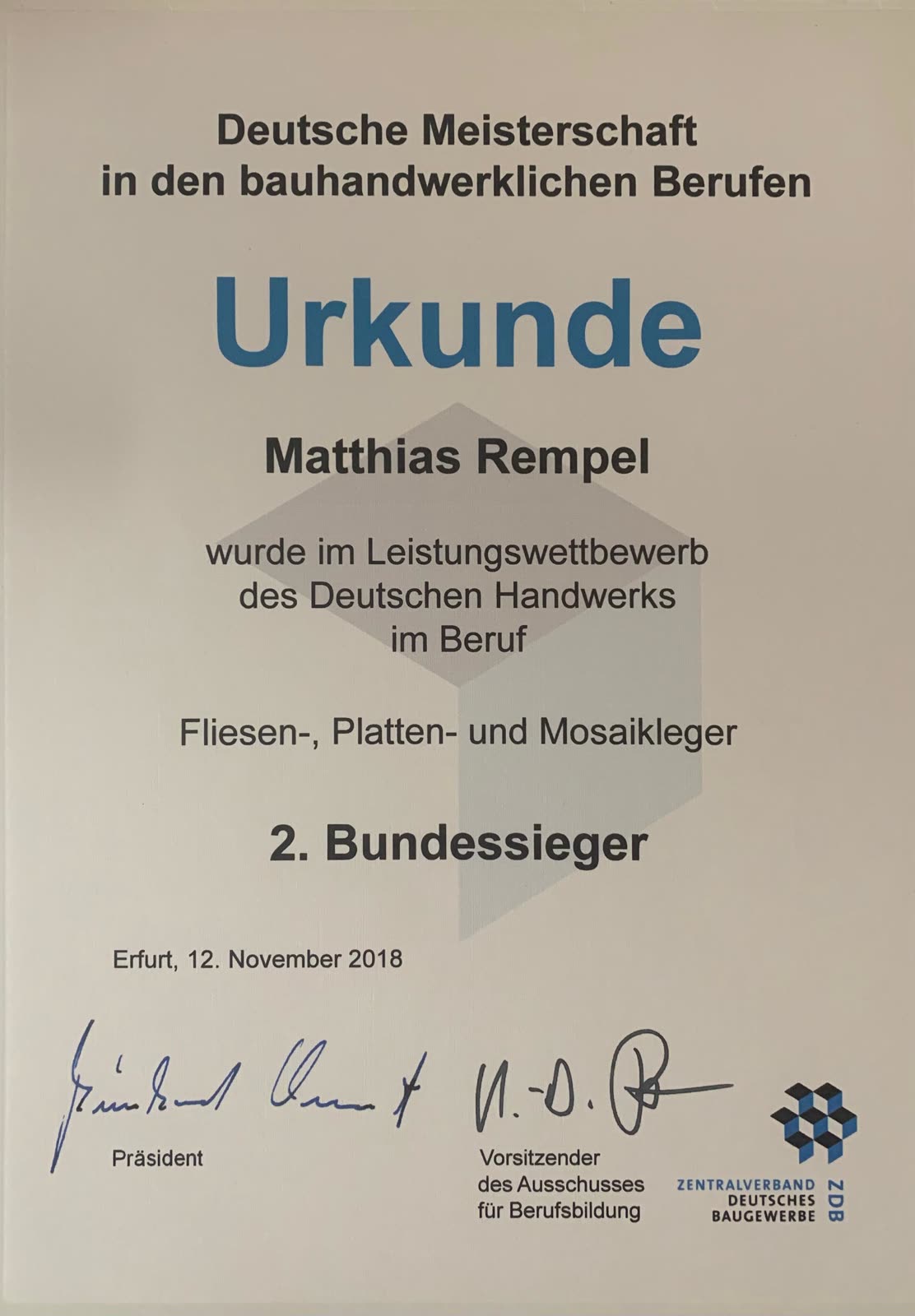 Urkunde 2. Bundessieger Deutsche Meisterschaft bauhandwerkliche Berufe 2018