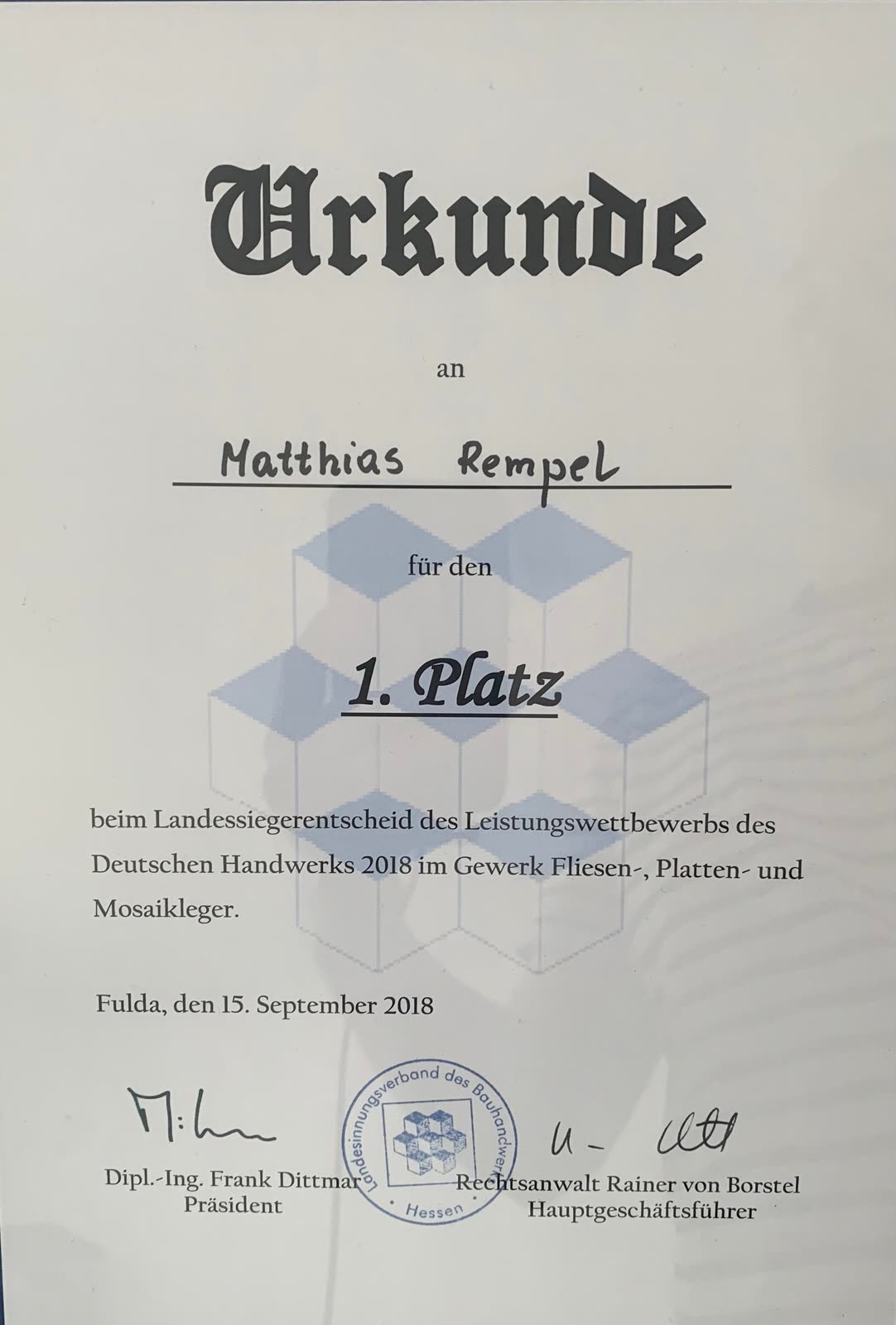 Urkunde 1. Platz Landessieger Leistungswettbewerb des Deutschen Handwerks 2018, Fulda