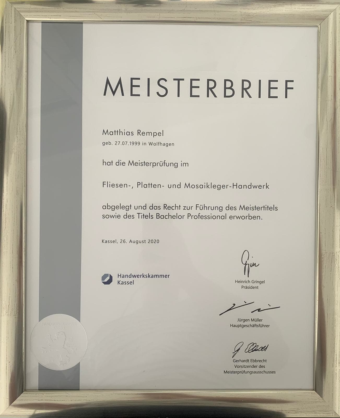 Meisterbrief im Fliesen-, Platten- und Mosaikleger-Handwerk, Handwerkskammer Kassel 2020